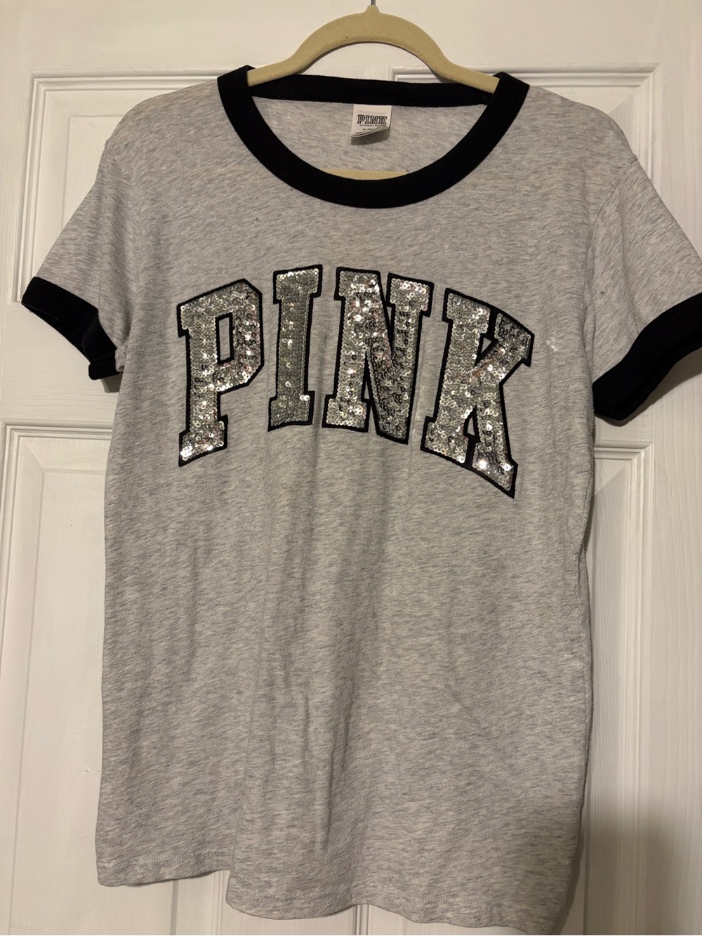 PINK Victoria's Secret Gray Tee with Black Trim and Silver Sequin Logo Medium